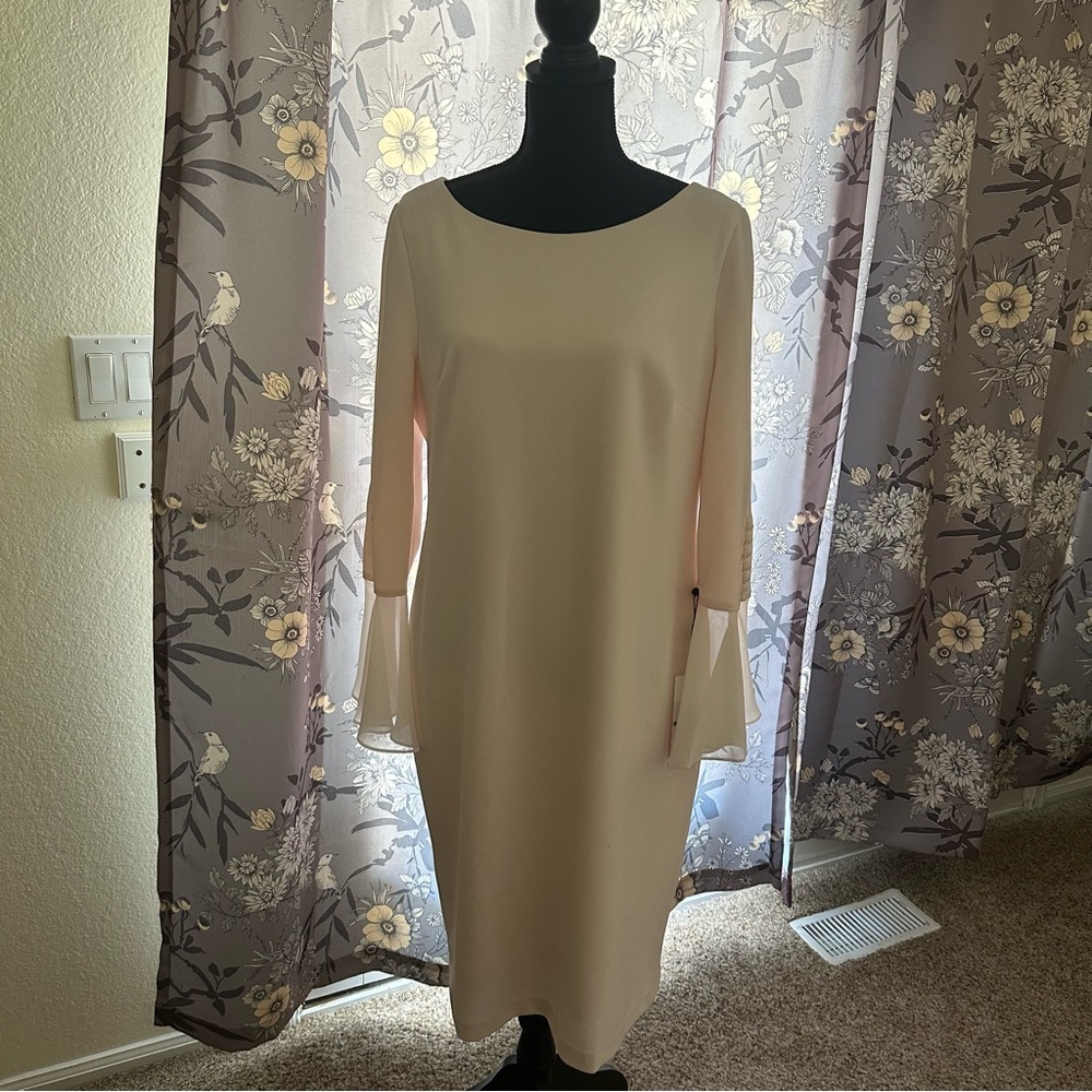 Calvin Klein Pink Pastel Shift Dress with Sheer Bell Cuffs - Picture 2 of 10